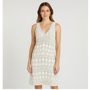 Naeem Khan Silk & Leather Patchwork Appliqué Mini Dress White and Tan Size 8